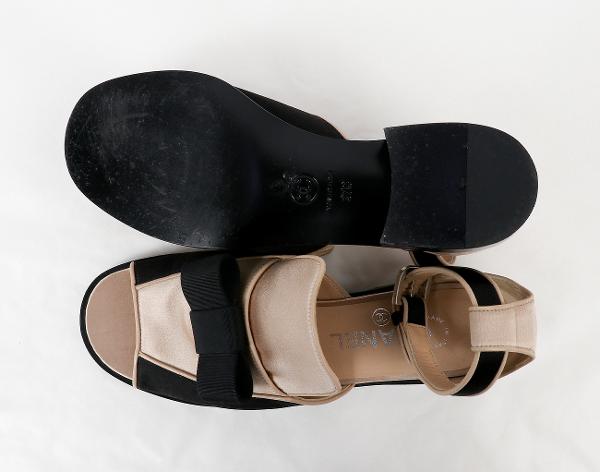 샤넬 오픈 토 보우 앵클 스트랩 로퍼 베이지 블랙 37C