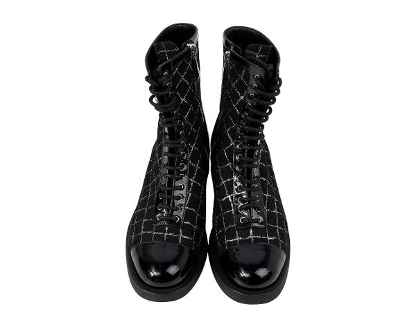 샤넬 페이던트 캡 토 트위드 앵클 부츠 블랙 실버 38C