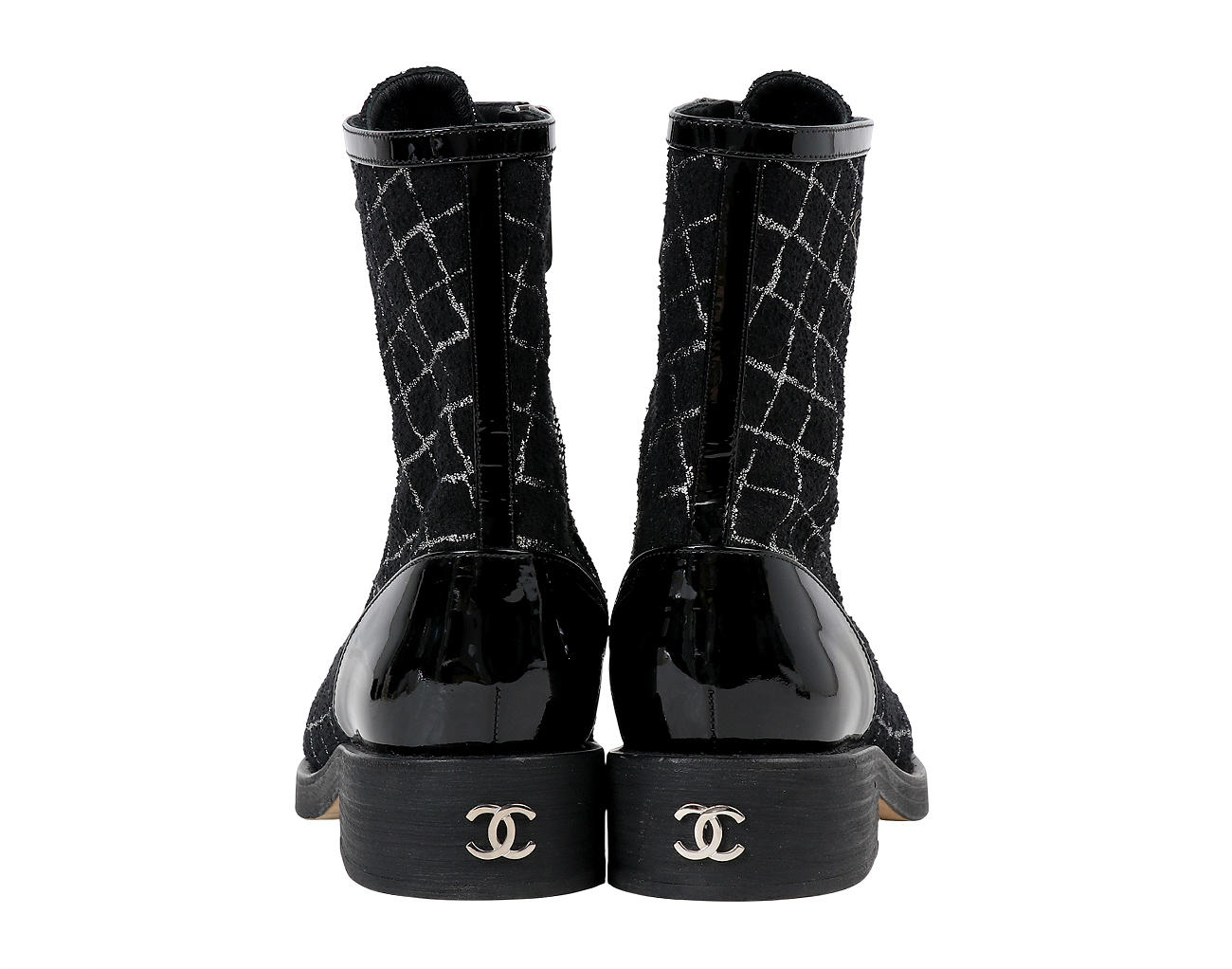 샤넬 페이던트 캡 토 트위드 앵클 부츠 블랙 실버 38C