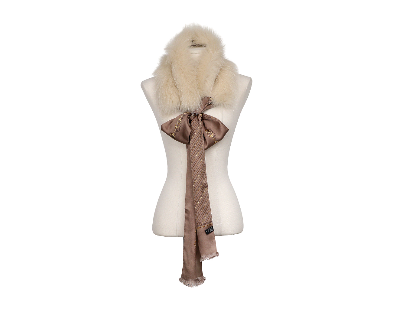 구찌 퍼 트리밍 실크 스카프 아이보리 브라운