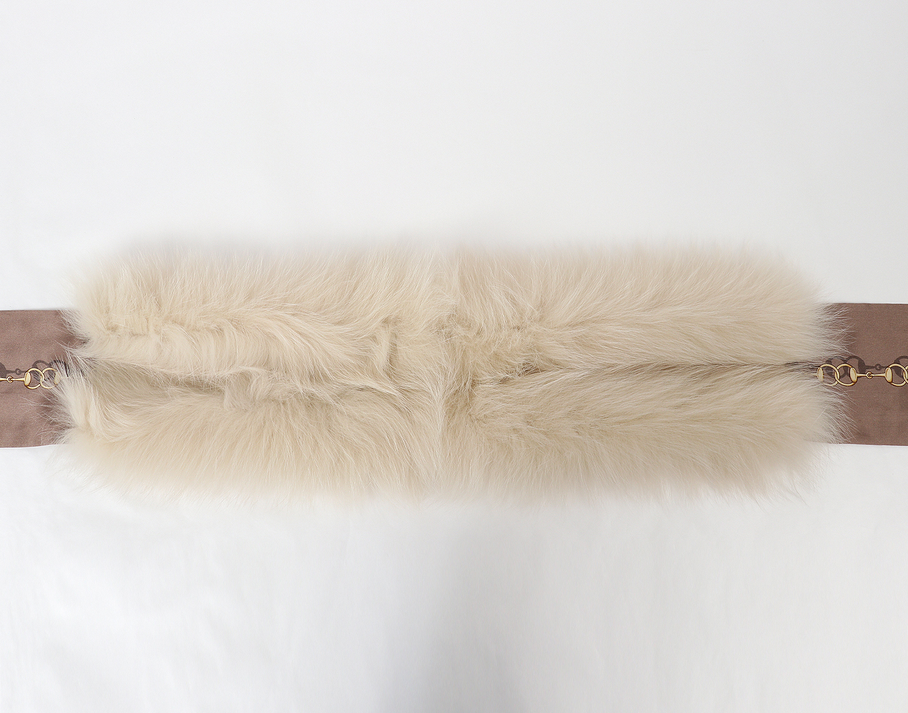 구찌 퍼 트리밍 실크 스카프 아이보리 브라운