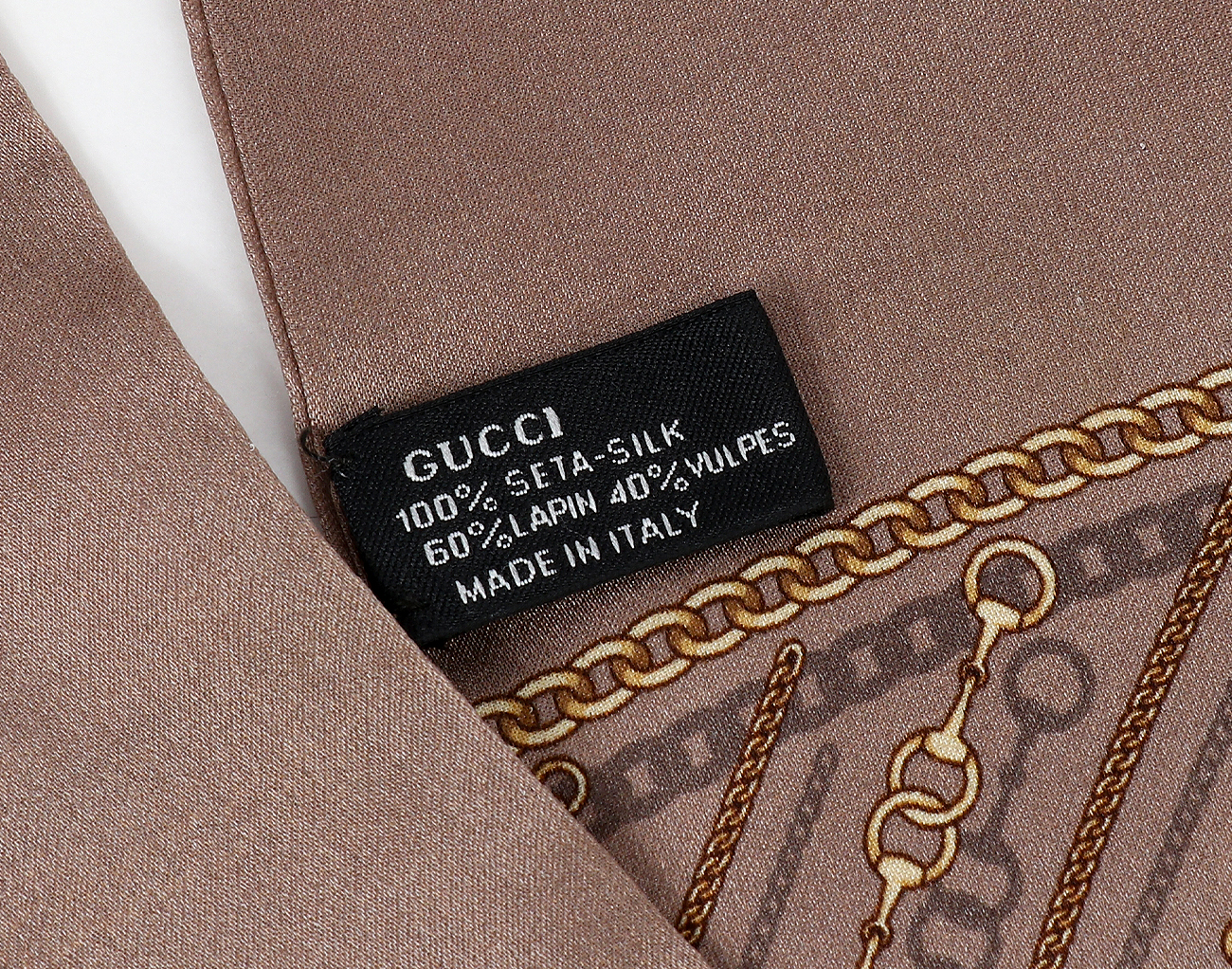 구찌 퍼 트리밍 실크 스카프 아이보리 브라운