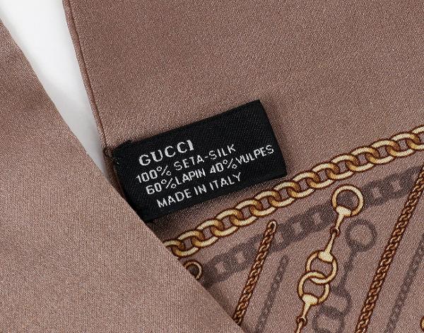 구찌 퍼 트리밍 실크 스카프 아이보리 브라운