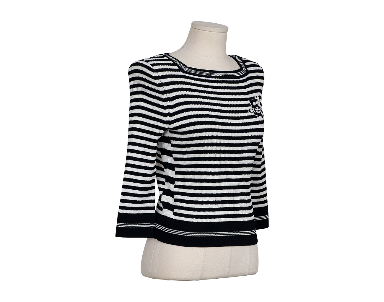 샤넬 NO.5 레터링 스트라이프 스퀘어넥 풀오버 네이비 블루 화이트 38