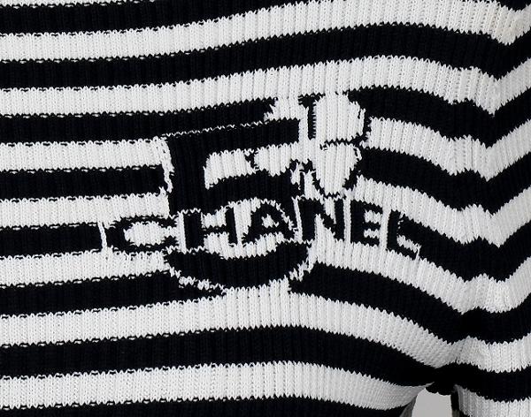 샤넬 NO.5 레터링 스트라이프 스퀘어넥 풀오버 네이비 블루 화이트 38