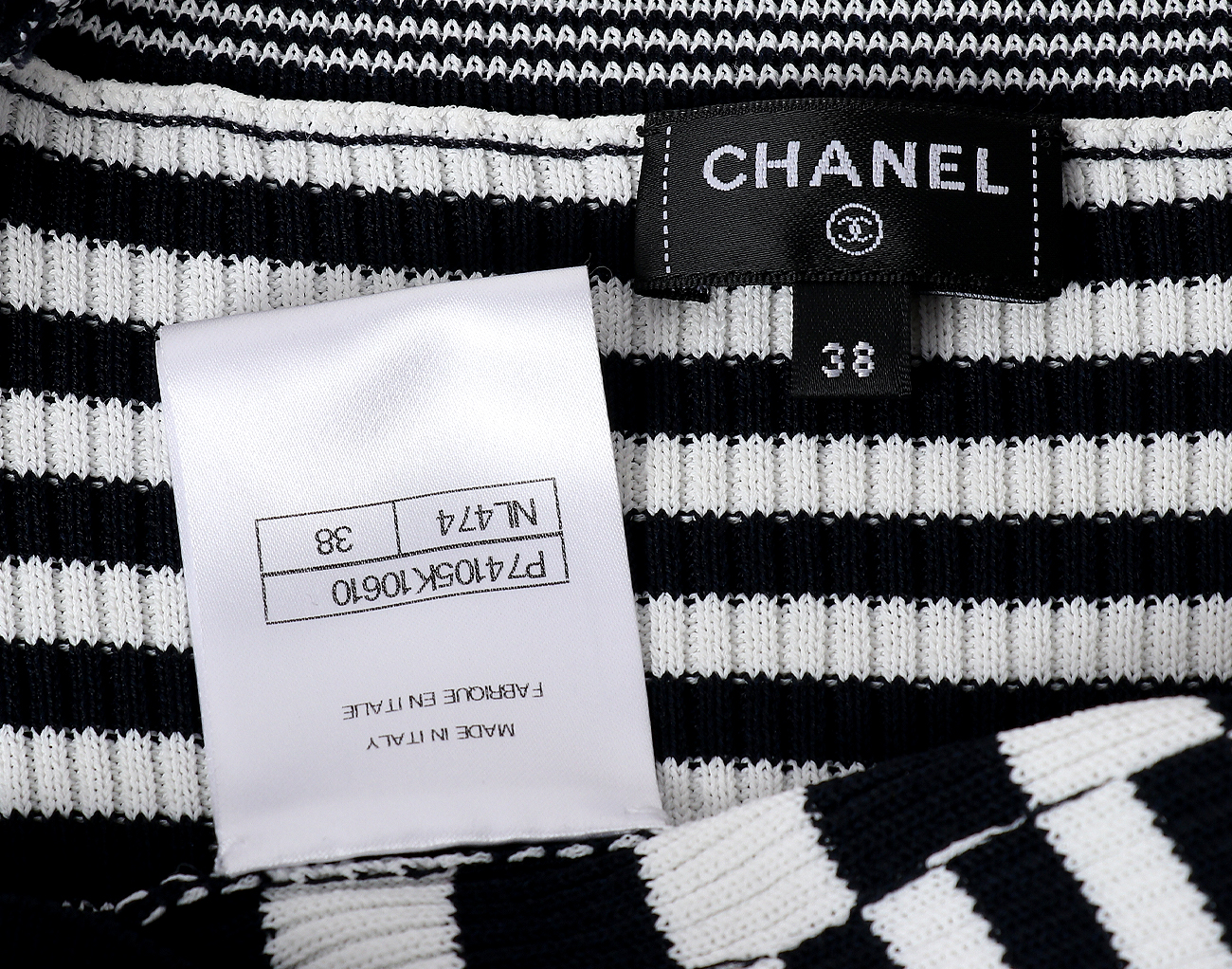 샤넬 NO.5 레터링 스트라이프 스퀘어넥 풀오버 네이비 블루 화이트 38