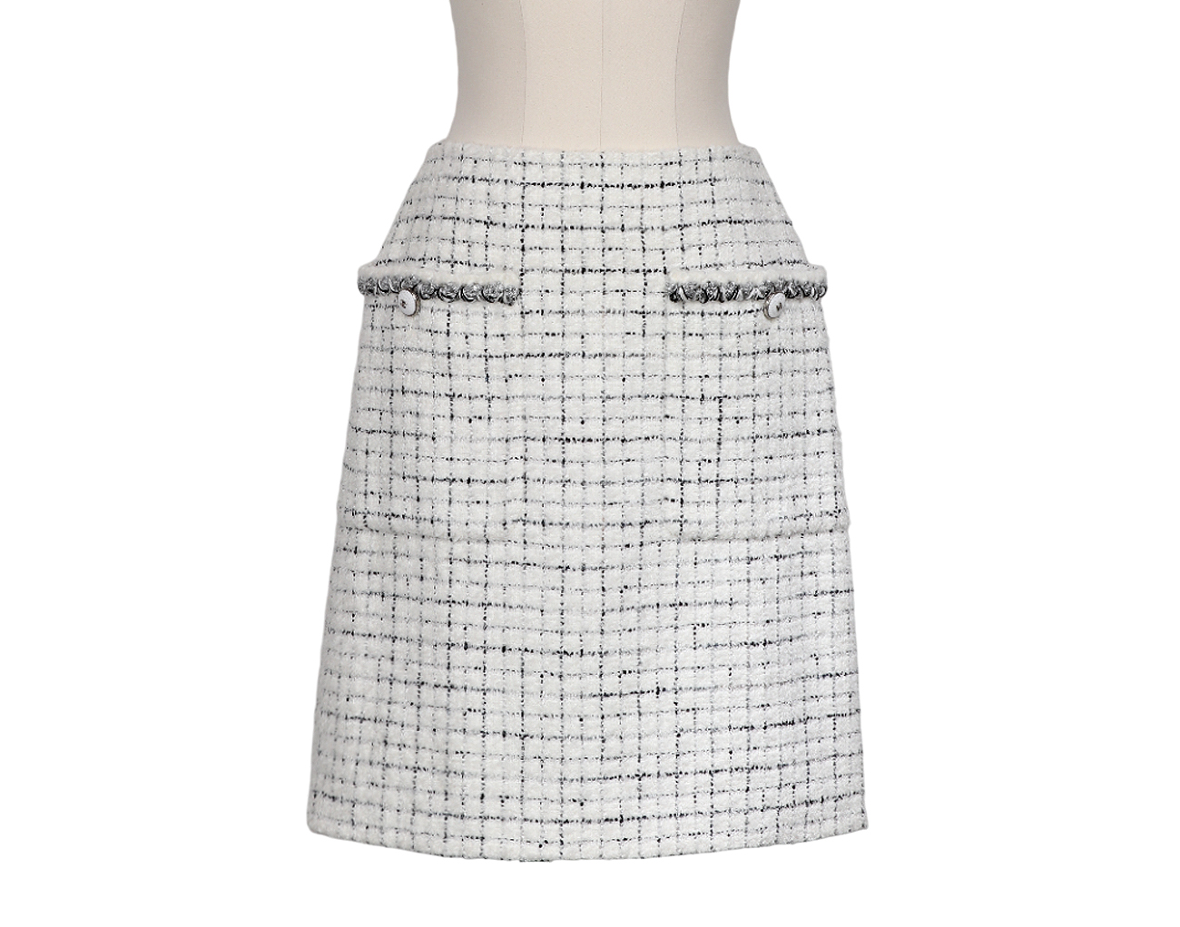 샤넬 트위트 스커트 화이트 실버 블랙 38