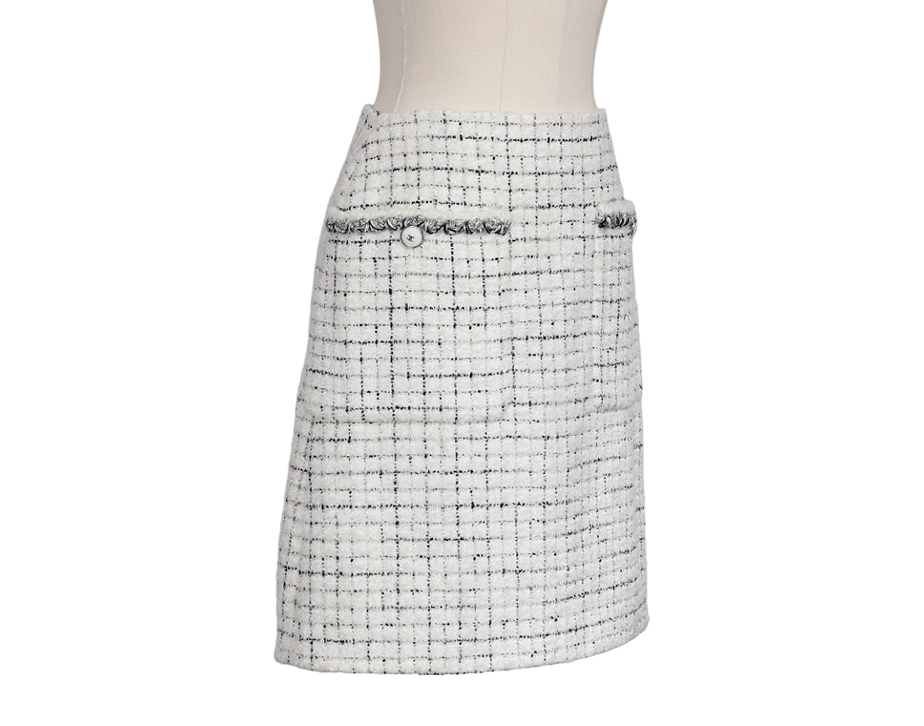 샤넬 트위트 스커트 화이트 실버 블랙 38