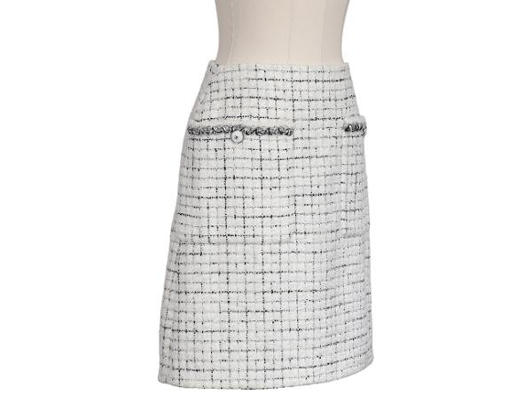 샤넬 트위트 스커트 화이트 실버 블랙 38