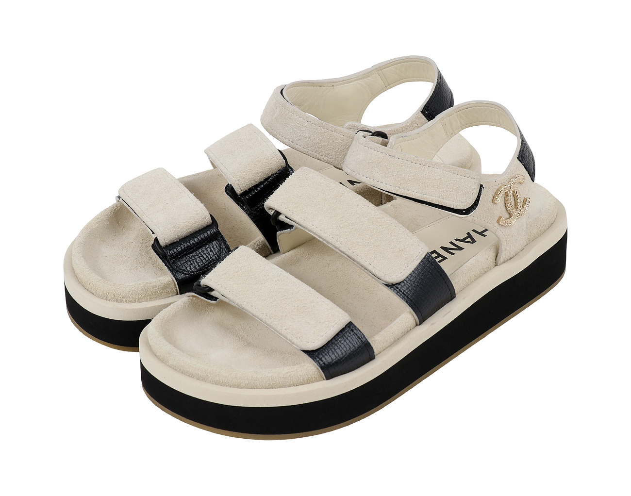 샤넬 CC 벨크로 샌들 아이보리 블랙 38C