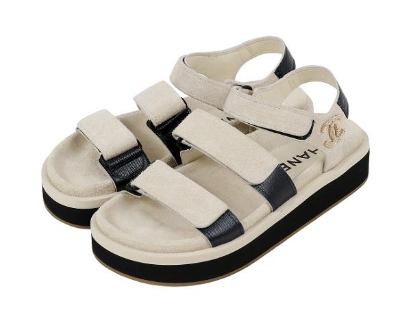 샤넬 CC 벨크로 샌들 아이보리 블랙 38C