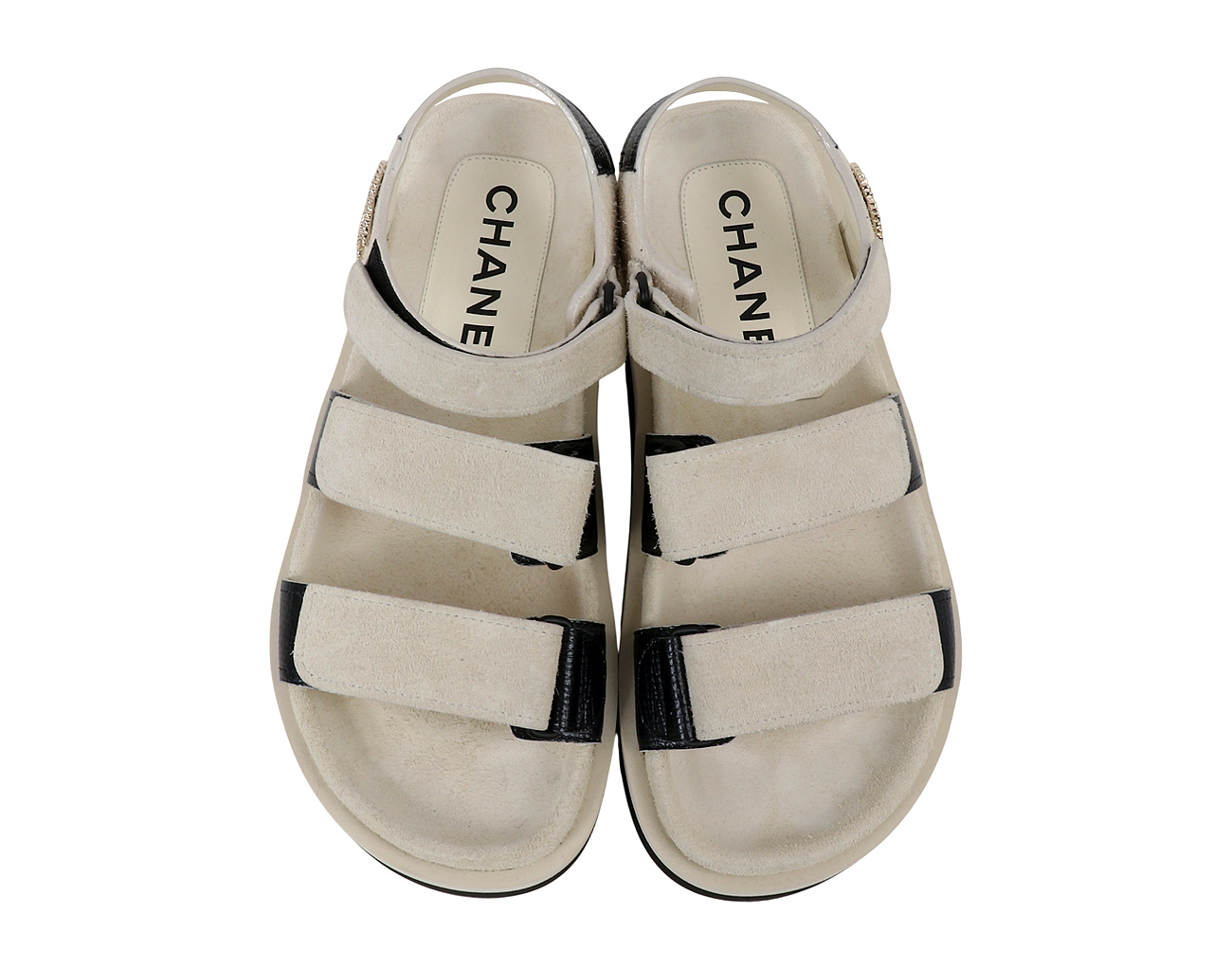 샤넬 CC 벨크로 샌들 아이보리 블랙 38C