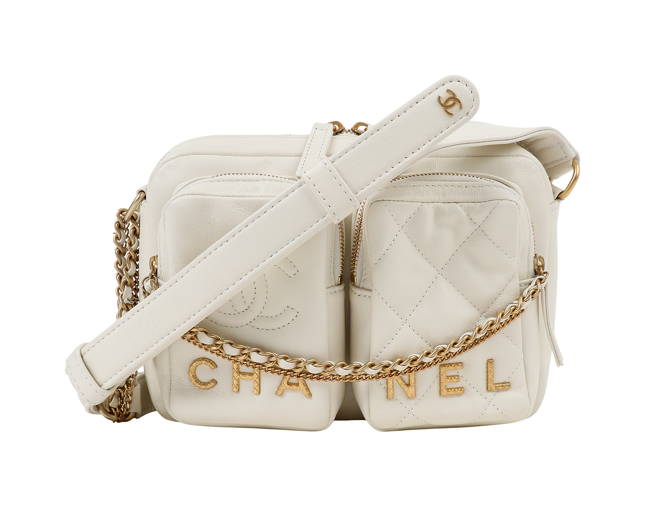 샤넬 더블 포켓 카메라 케이스 스몰 화이트 빈티지 금장