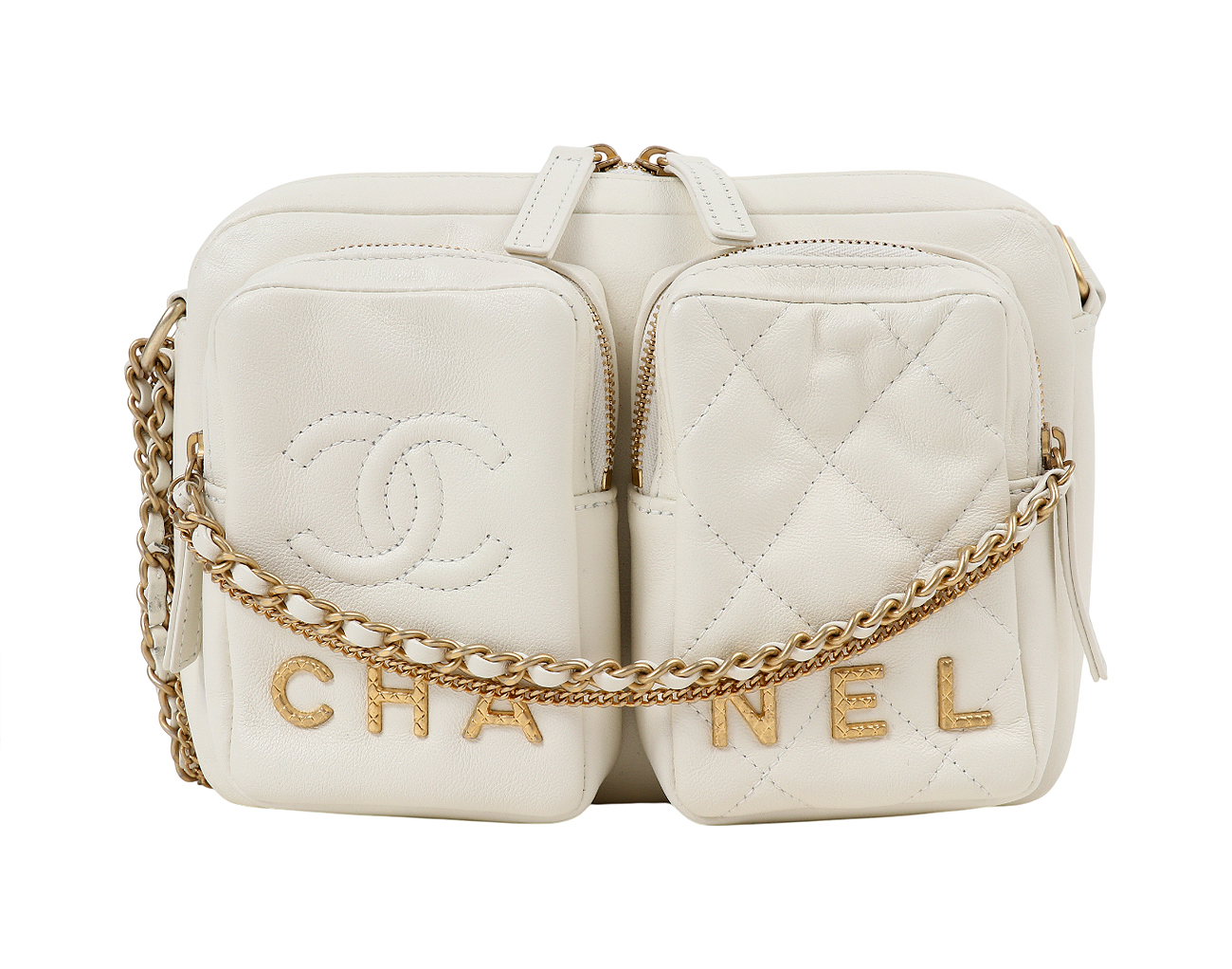 샤넬 더블 포켓 카메라 케이스 스몰 화이트 빈티지 금장