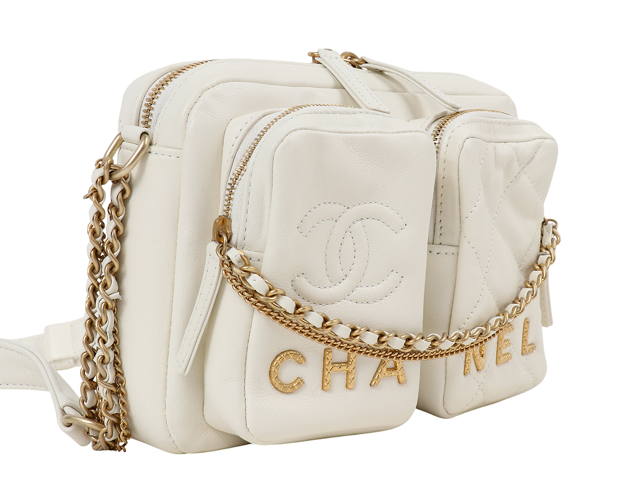 샤넬 더블 포켓 카메라 케이스 스몰 화이트 빈티지 금장