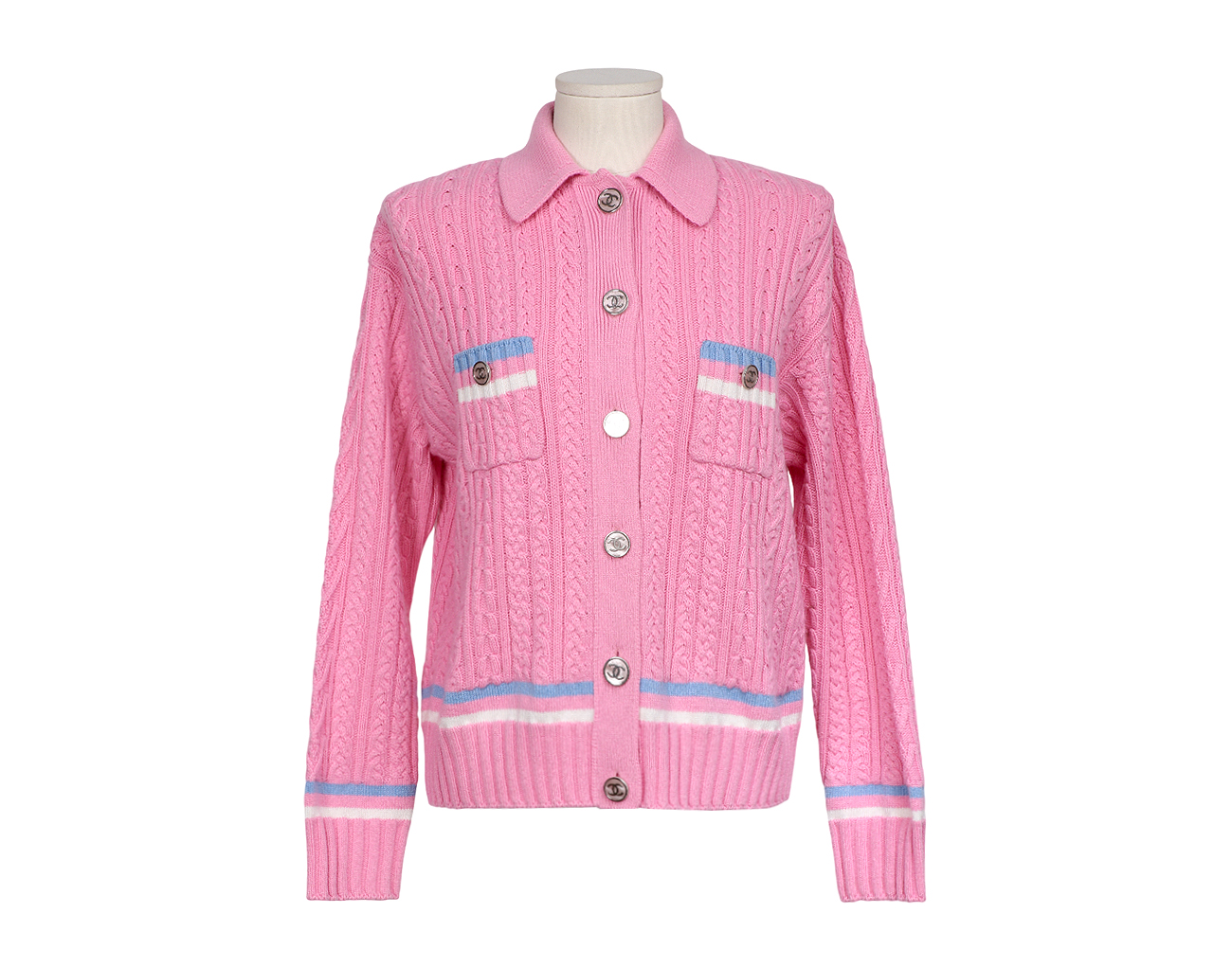 샤넬 캐시미어 더블 포켓 재킷 핑크 에크루 블루 36