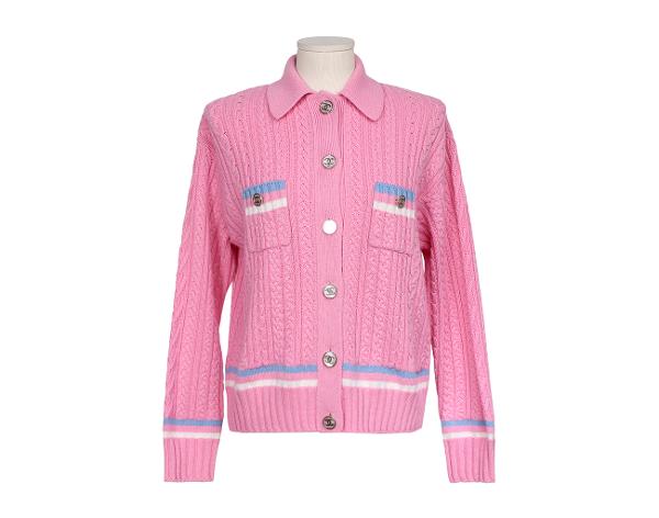 샤넬 캐시미어 더블 포켓 재킷 핑크 에크루 블루 36