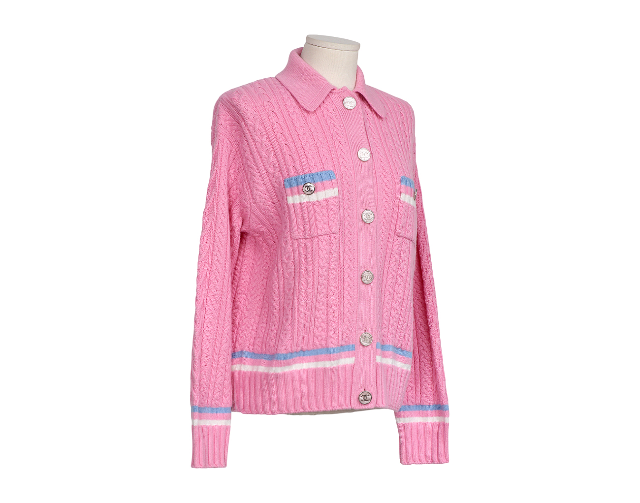 샤넬 캐시미어 더블 포켓 재킷 핑크 에크루 블루 36