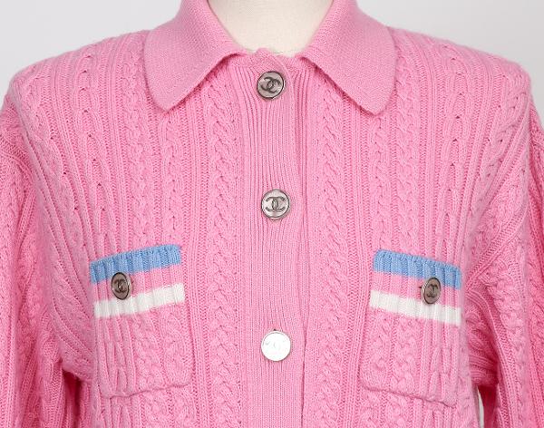 샤넬 캐시미어 더블 포켓 재킷 핑크 에크루 블루 36