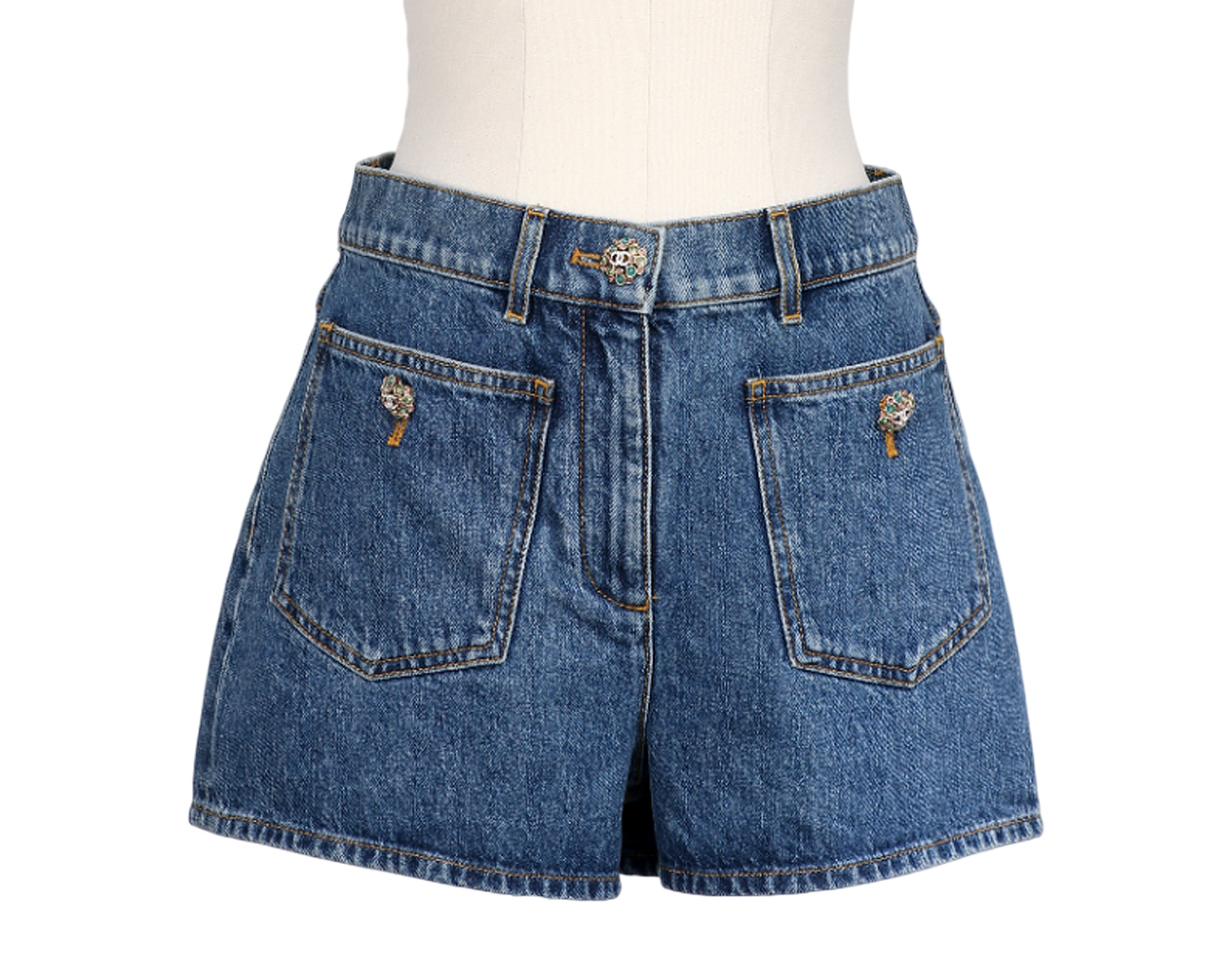 샤넬 젬버튼 투포켓 데님 쇼츠 블루 36