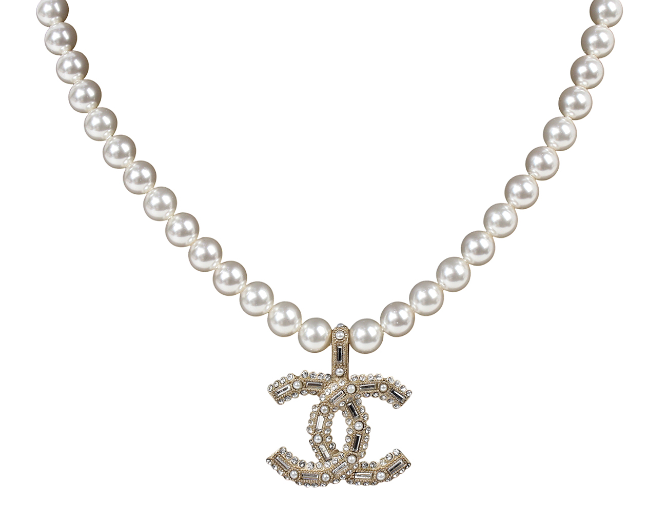 샤넬 스트라스 CC 펄 네크리스 샴페인골드