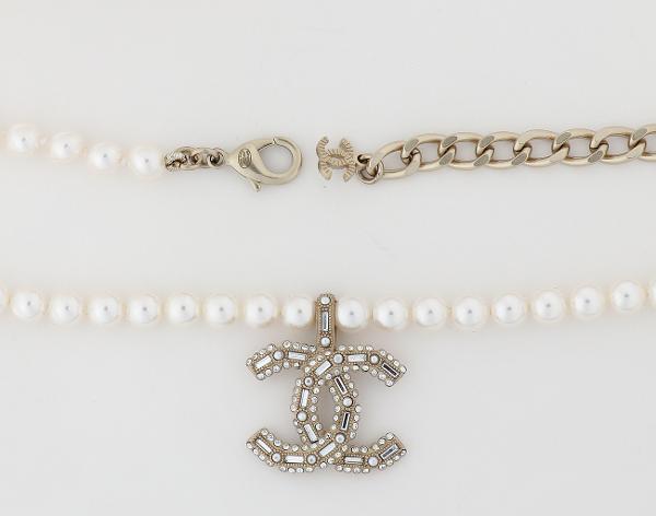 샤넬 스트라스 CC 펄 네크리스 샴페인골드