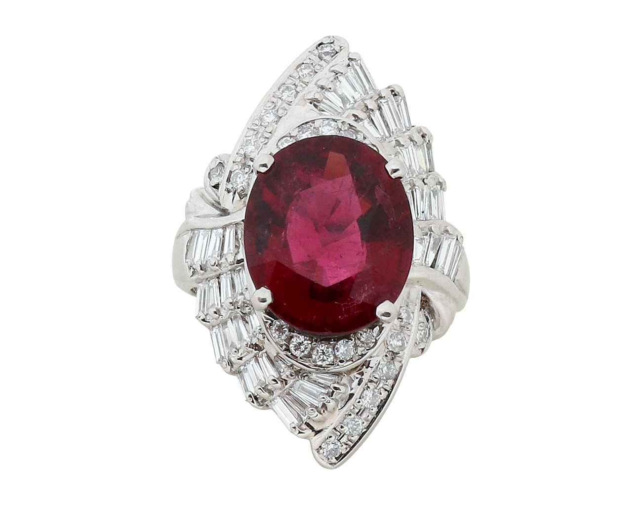 Fine Jewelry 오벌 브릴리언트 스텝 컷 루벨라이트 다이아몬드 링 퍼플리쉬 레드 10.55ct