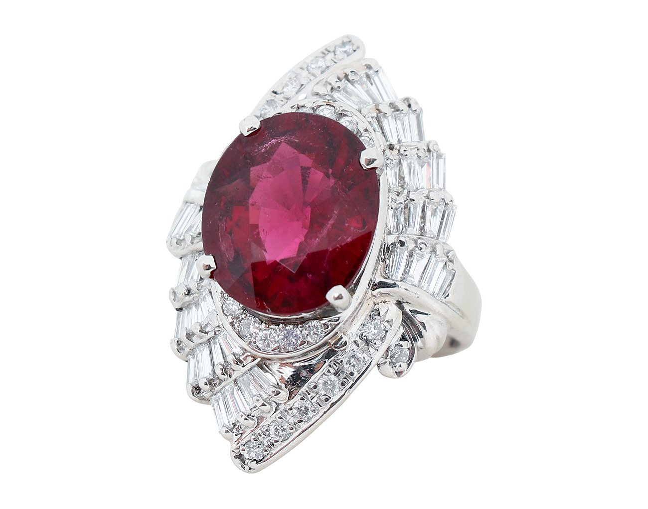 Fine Jewelry 오벌 브릴리언트 스텝 컷 루벨라이트 다이아몬드 링 퍼플리쉬 레드 10.55ct