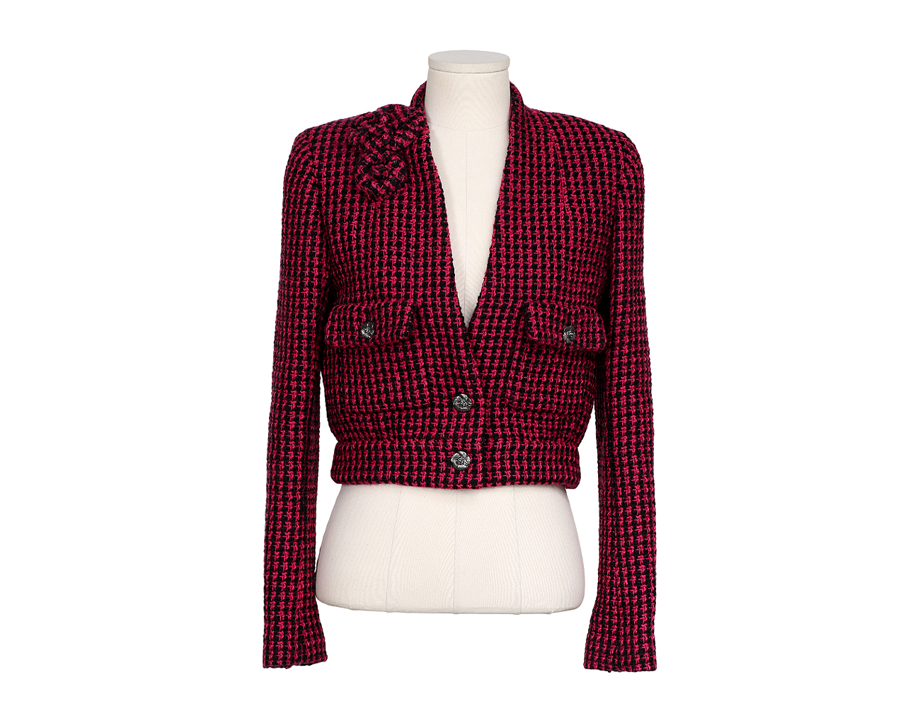 샤넬 까멜리아 트위드 재킷 핑크 블랙 34