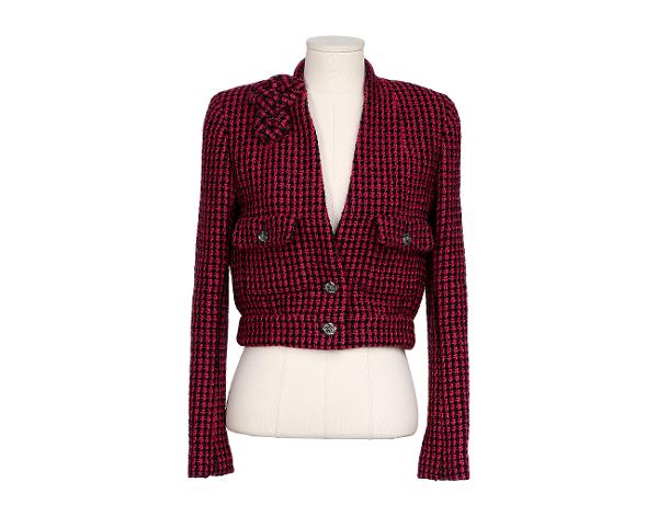 샤넬 까멜리아 트위드 재킷 핑크 블랙 34