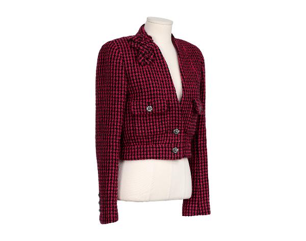 샤넬 까멜리아 트위드 재킷 핑크 블랙 34