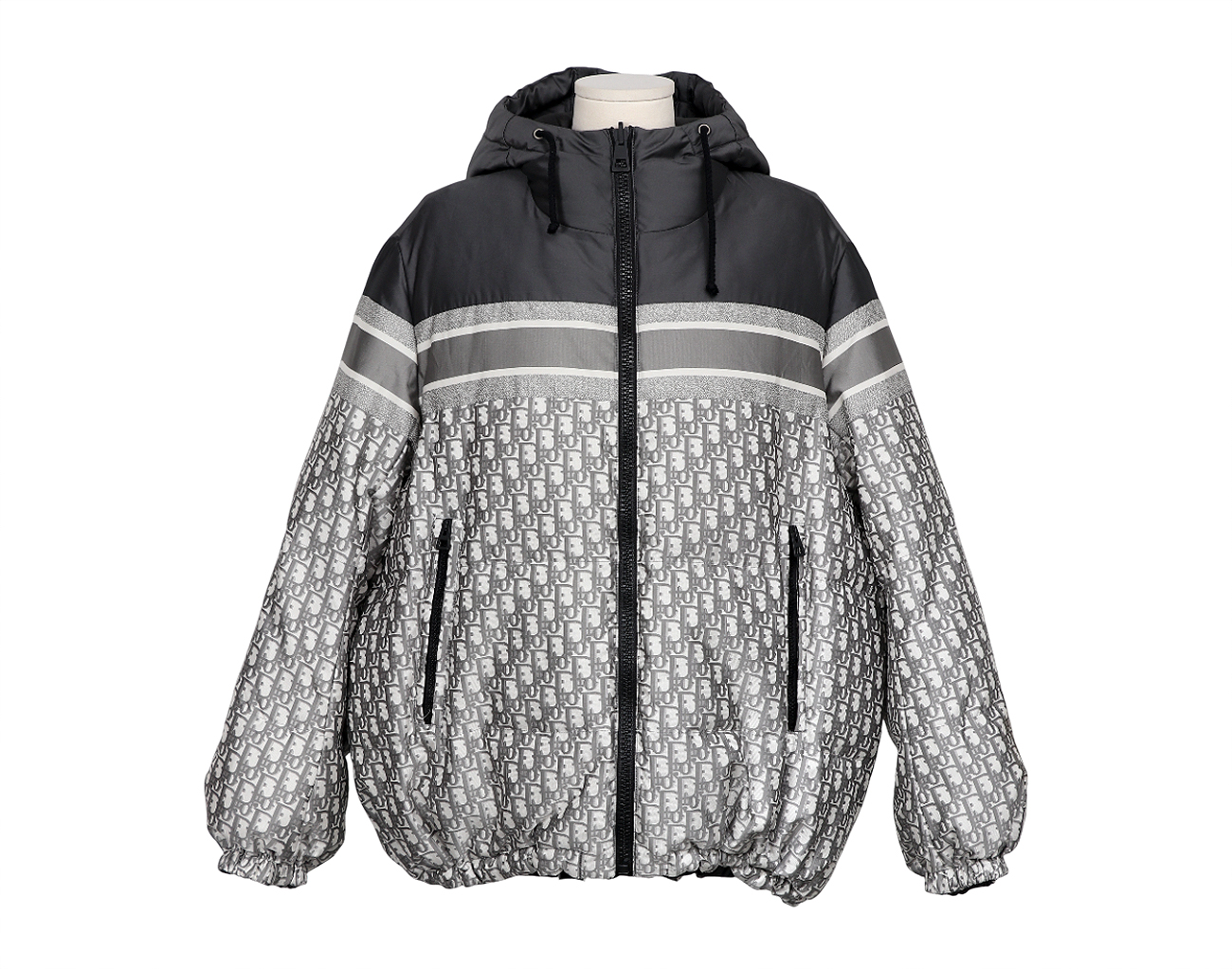 디올 리버시블 롱 푸퍼 재킷 그레이 에크루 오블리크 L