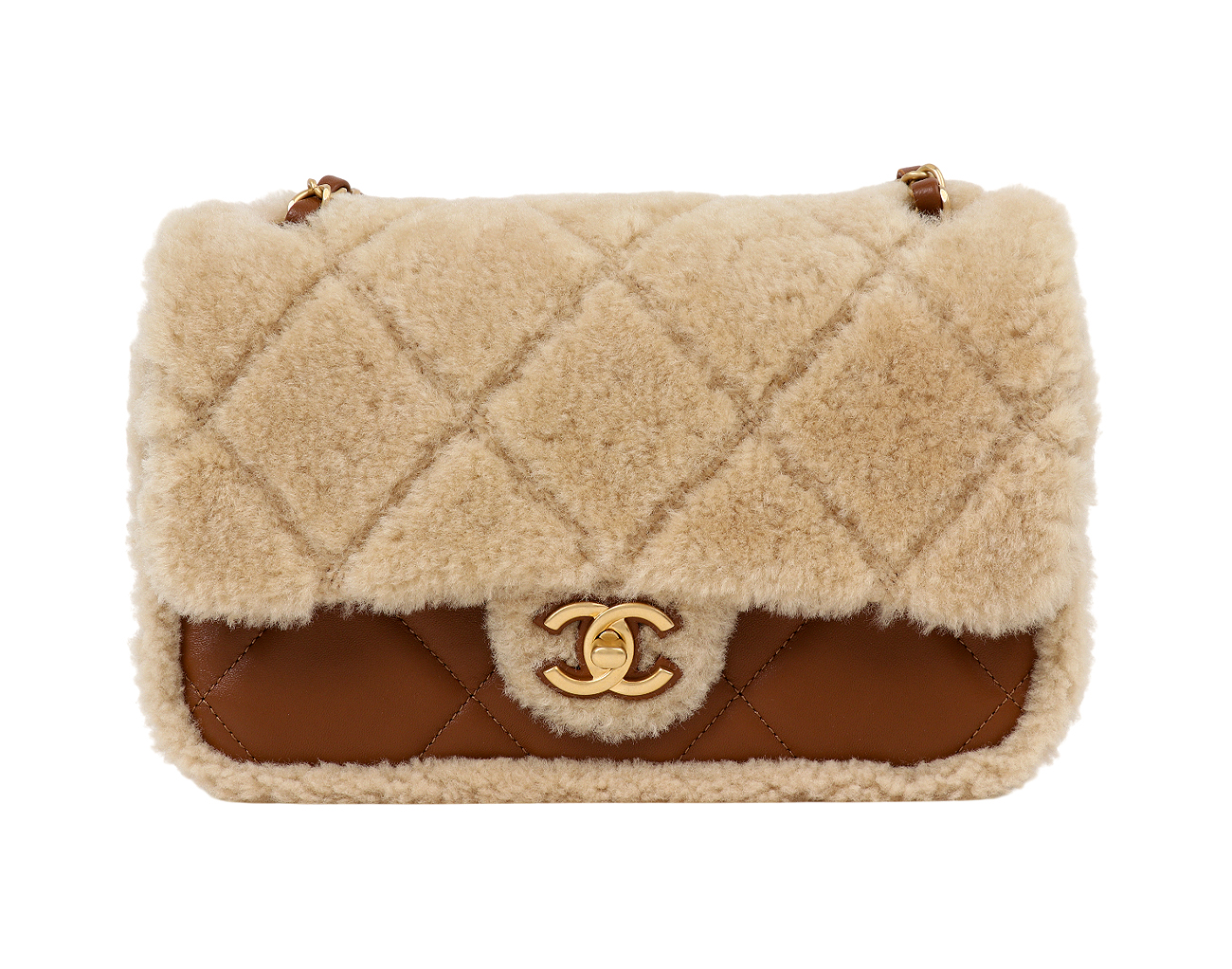 샤넬 시어링 플랩백 베이지 브라운 금장