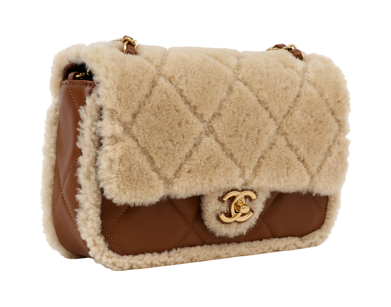 샤넬 시어링 플랩백 베이지 브라운 금장