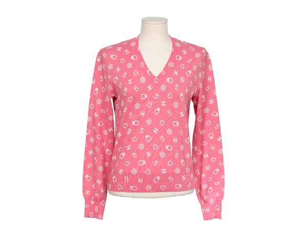 샤넬 브이넥 풀오버 핑크 화이트 36