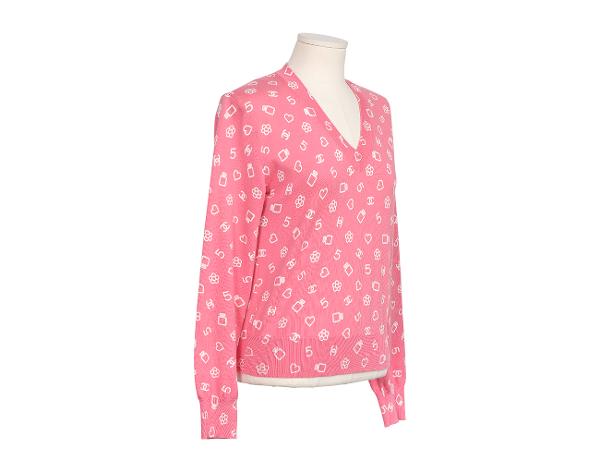 샤넬 브이넥 풀오버 핑크 화이트 36