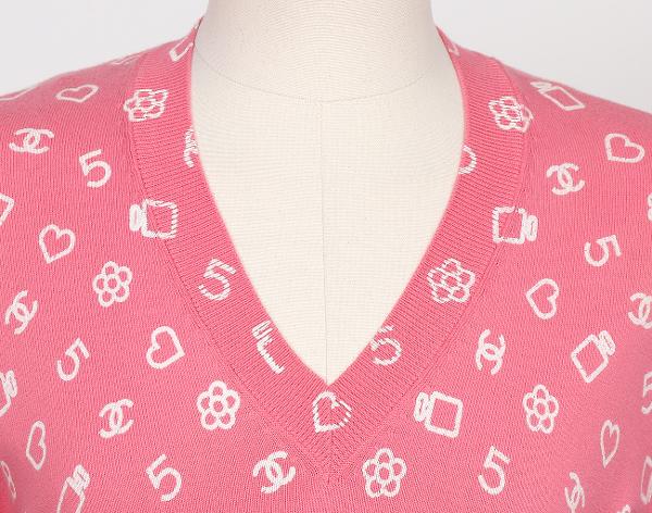 샤넬 브이넥 풀오버 핑크 화이트 36