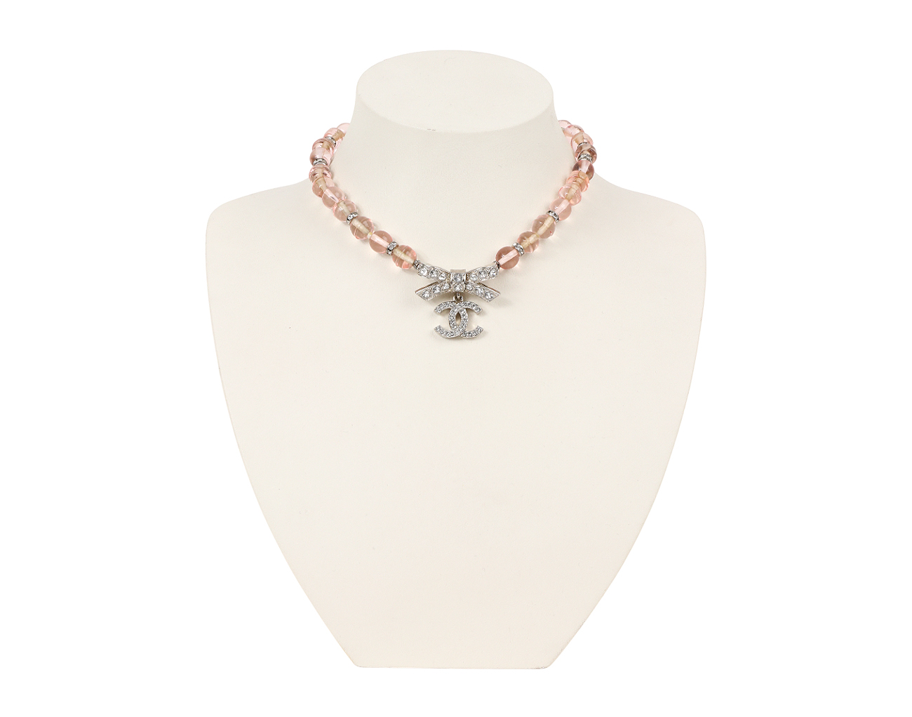 샤넬 라인스톤 리본 CC 초커 핑크