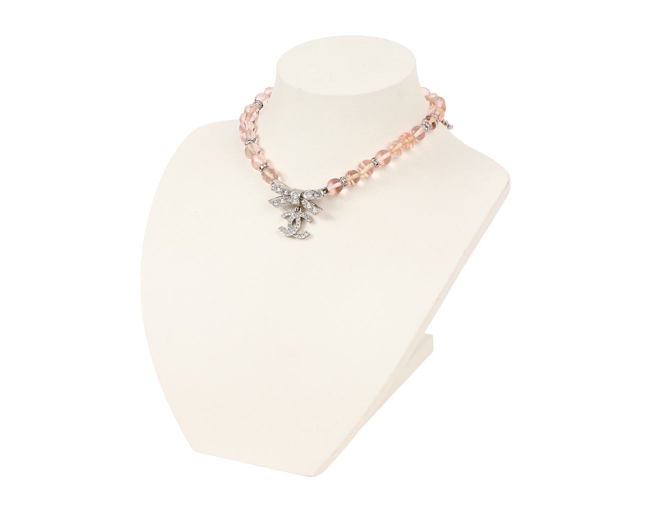 샤넬 라인스톤 리본 CC 초커 핑크