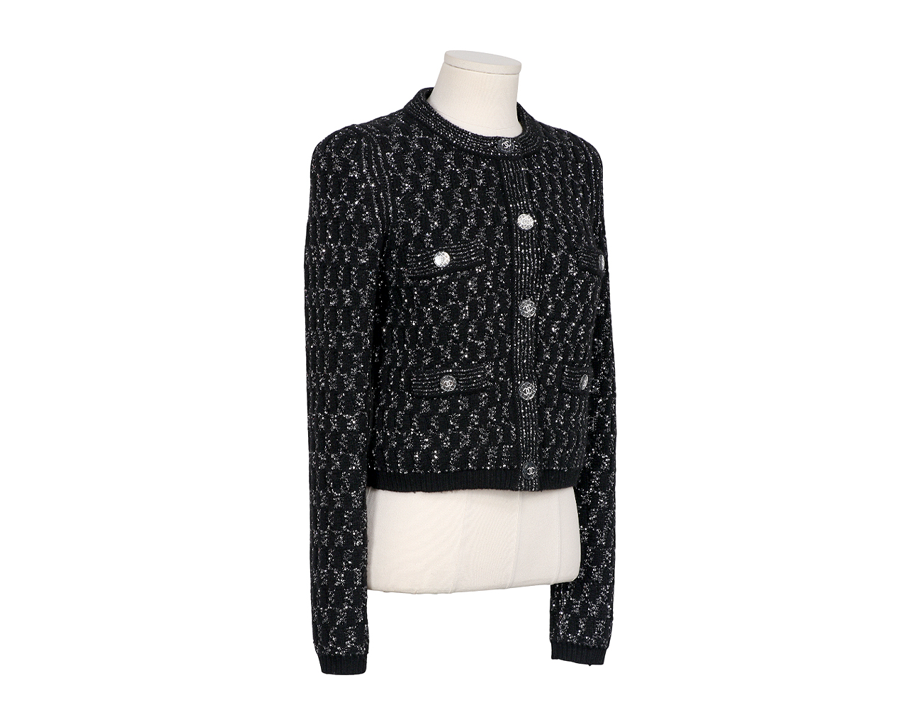 샤넬 스팽글 캐시미어 가디건 블랙 34