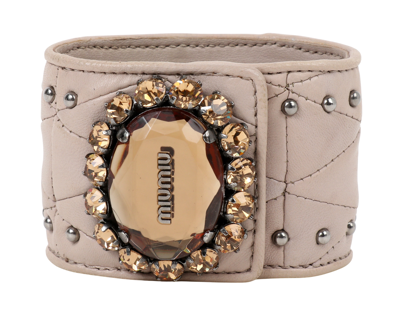 미우미우 크리스탈 레더 커프 브레이슬릿 베이지