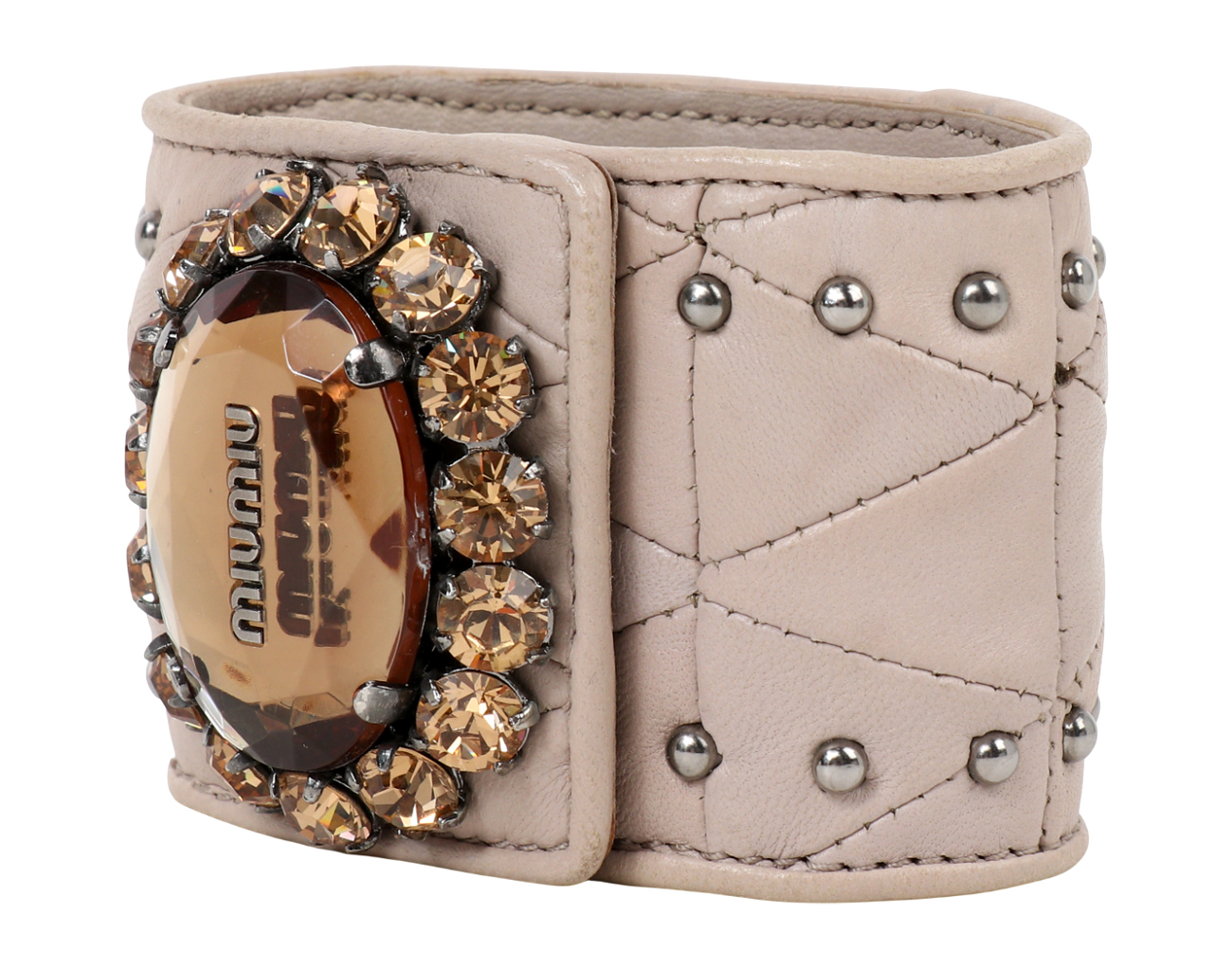 미우미우 크리스탈 레더 커프 브레이슬릿 베이지