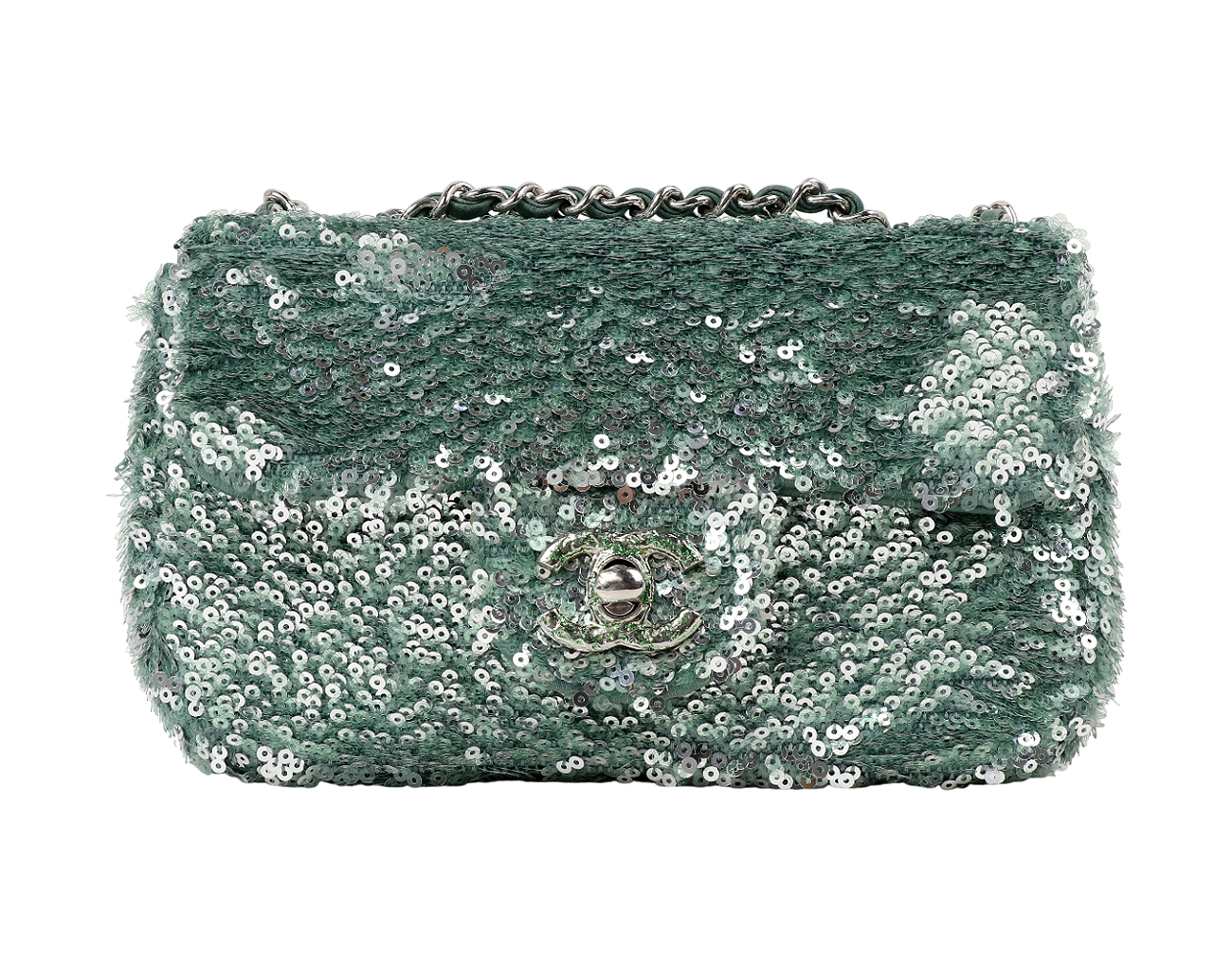 샤넬 시퀀 미니 플랩백 그린 은장