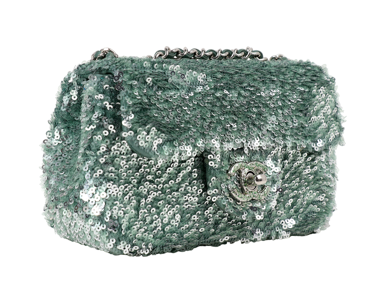 샤넬 시퀀 미니 플랩백 그린 은장