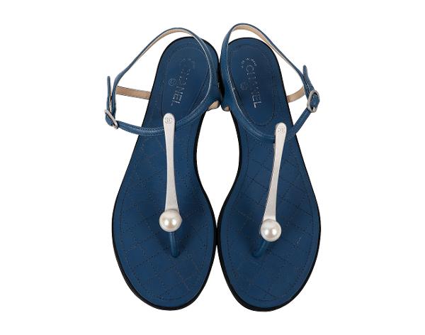 샤넬 펄 T 스트랩 플립플랍 샌들 블루 36 1/2C