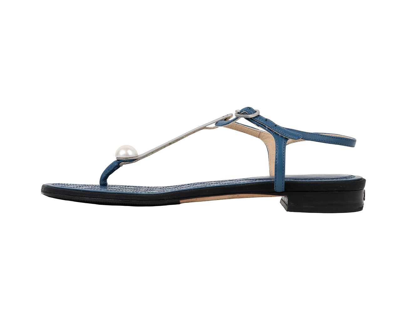 샤넬 펄 T 스트랩 플립플랍 샌들 블루 36 1/2C
