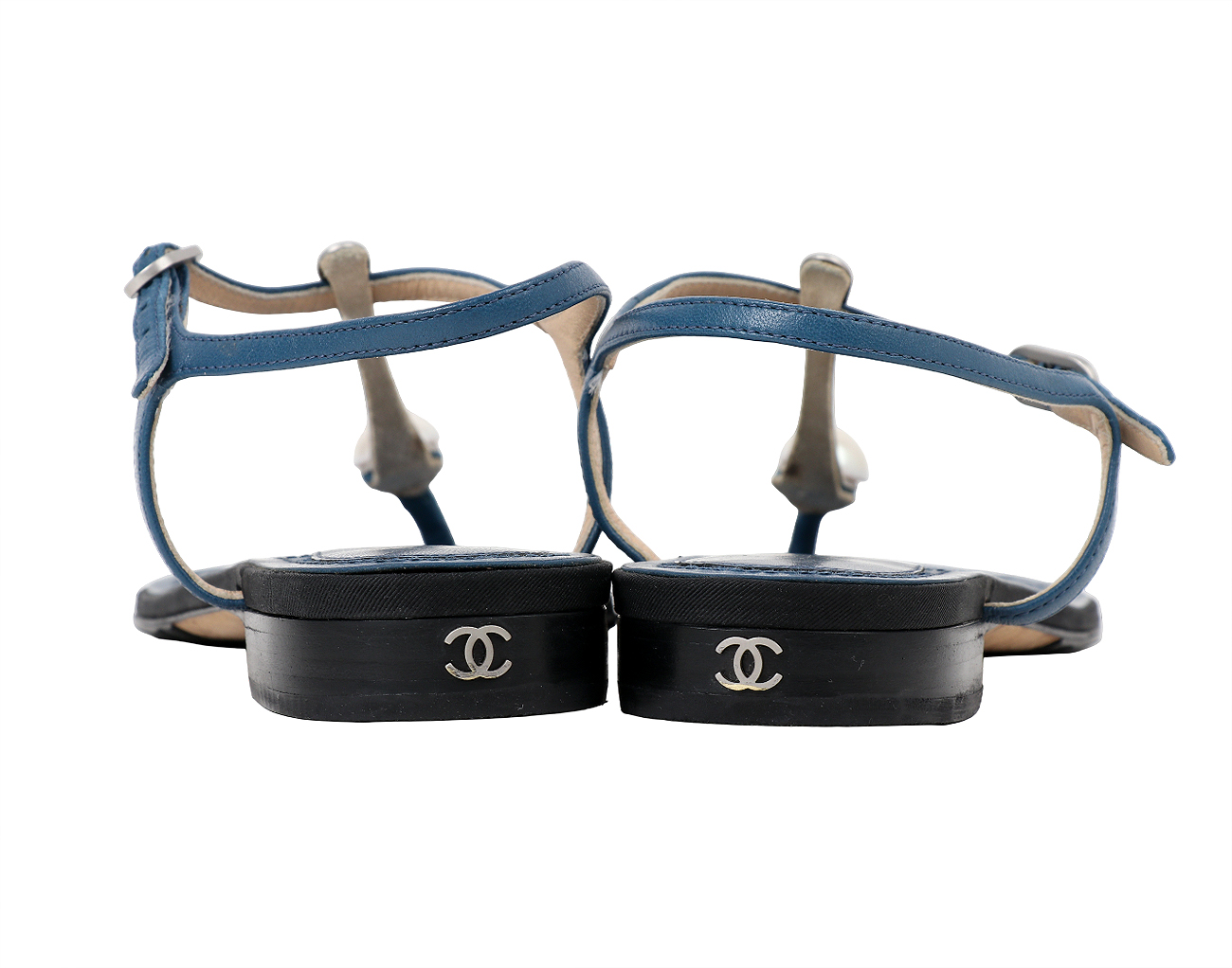 샤넬 펄 T 스트랩 플립플랍 샌들 블루 36 1/2C