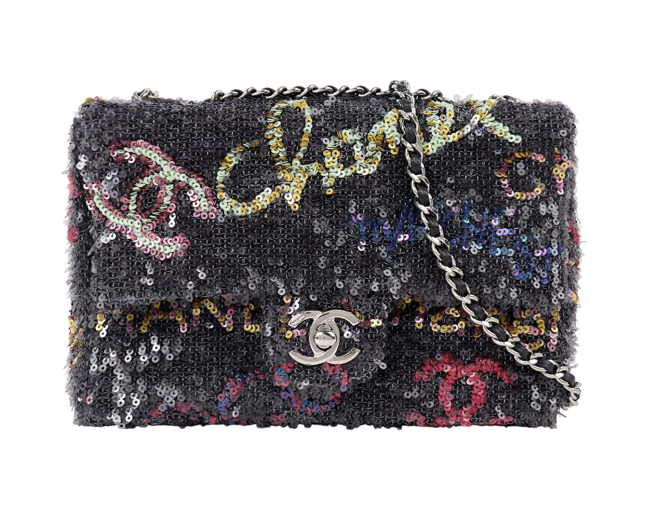 샤넬 시퀀 스몰 플랩백 그레이 멀티컬러 은장