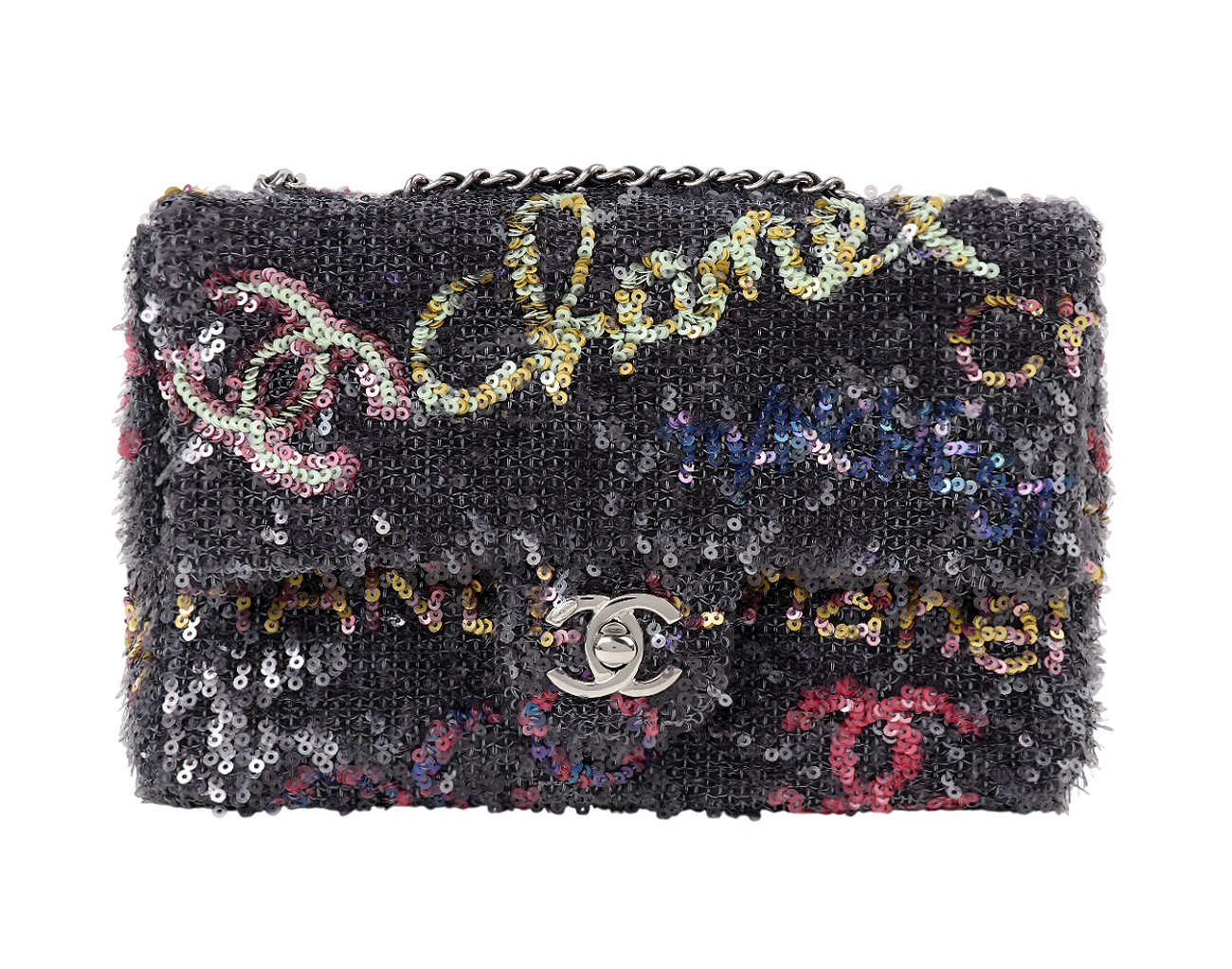 샤넬 시퀀 스몰 플랩백 그레이 멀티컬러 은장