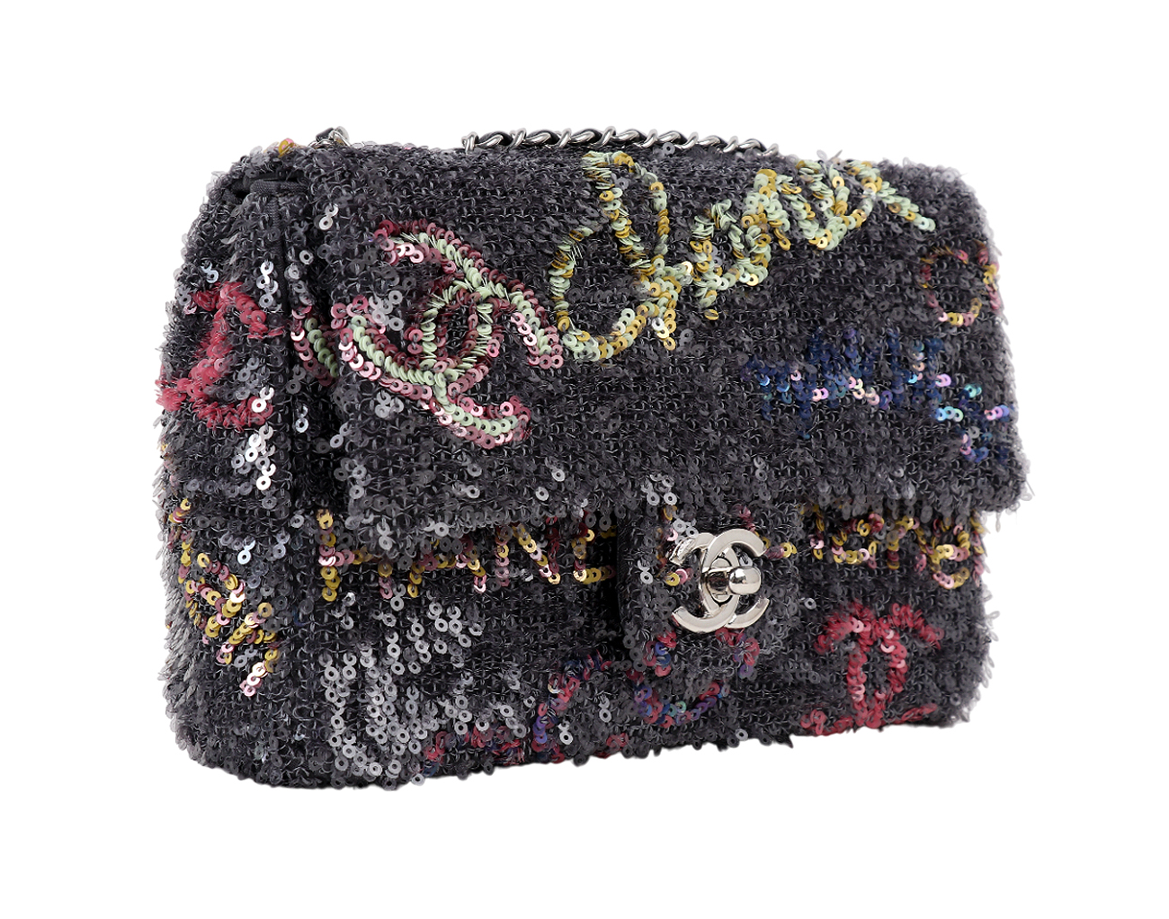 샤넬 시퀀 스몰 플랩백 그레이 멀티컬러 은장